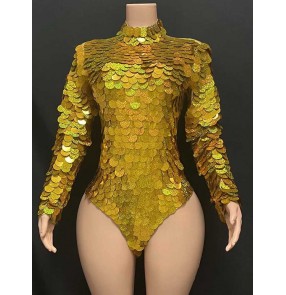 Gold sequins Jazz dance leotards for women girls gogo dancers singers dance Jumpsuits Host stage evening T catwalk catsuits for female